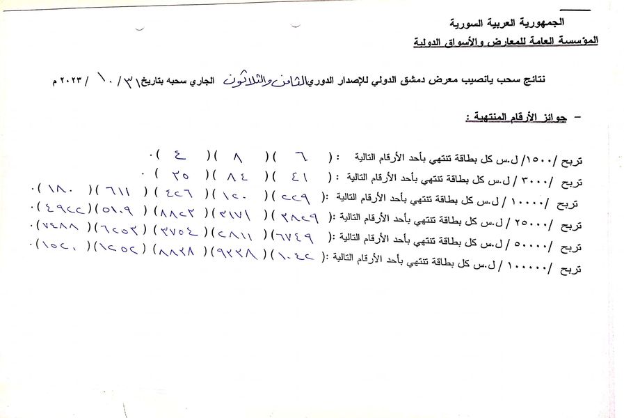 نتائج يانصيب معرض دمشق الدولي اليوم الثلاثاء 31 تشرين الأول 2023 5305